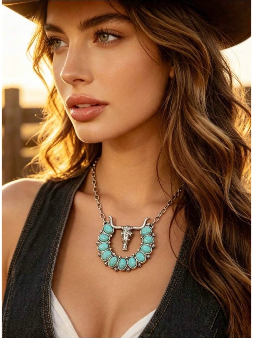 Western bull pendant turquoise stone statement necklace, new!